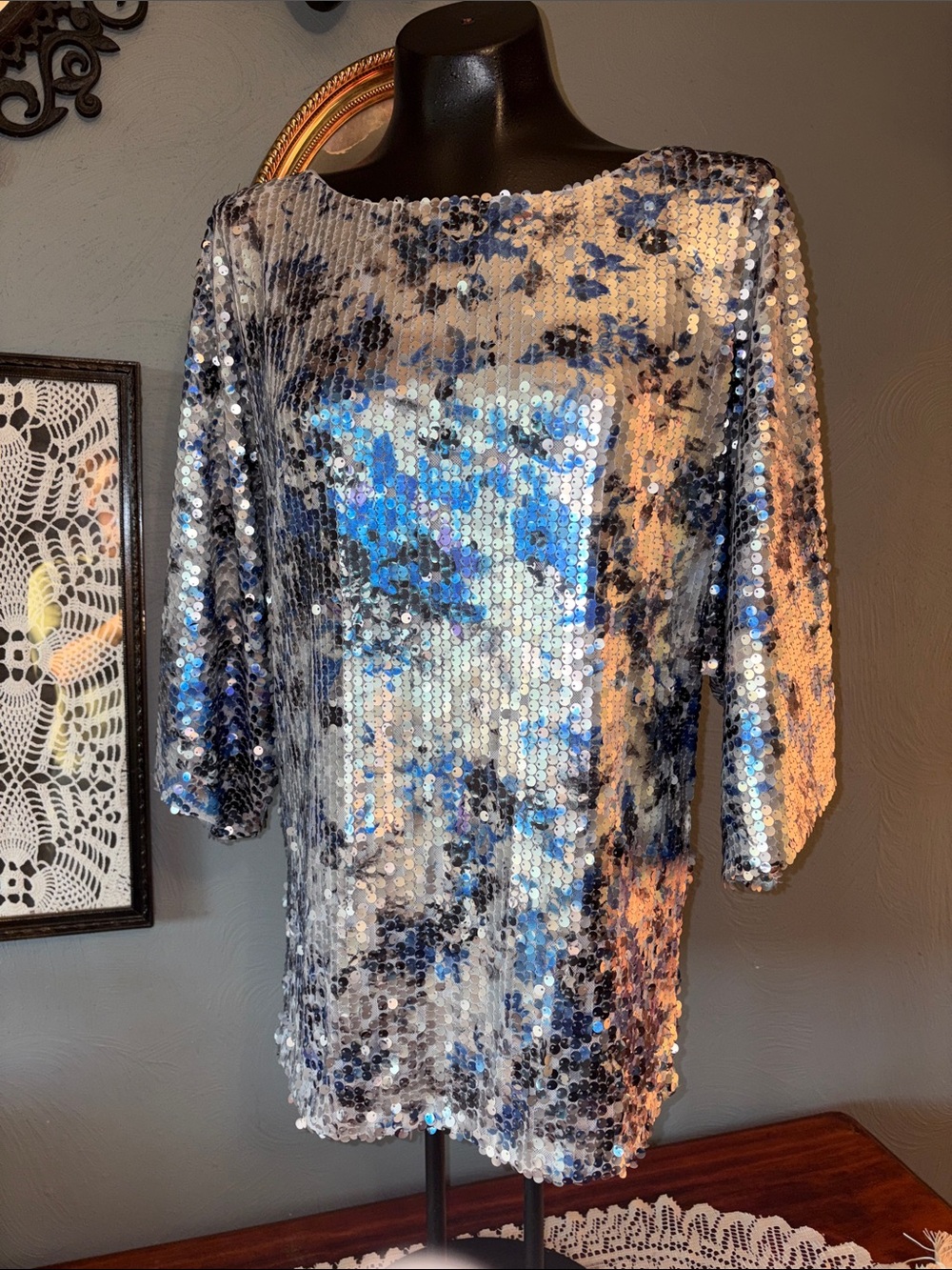 Alberto Makali Sequin Top in Blue and Silver
